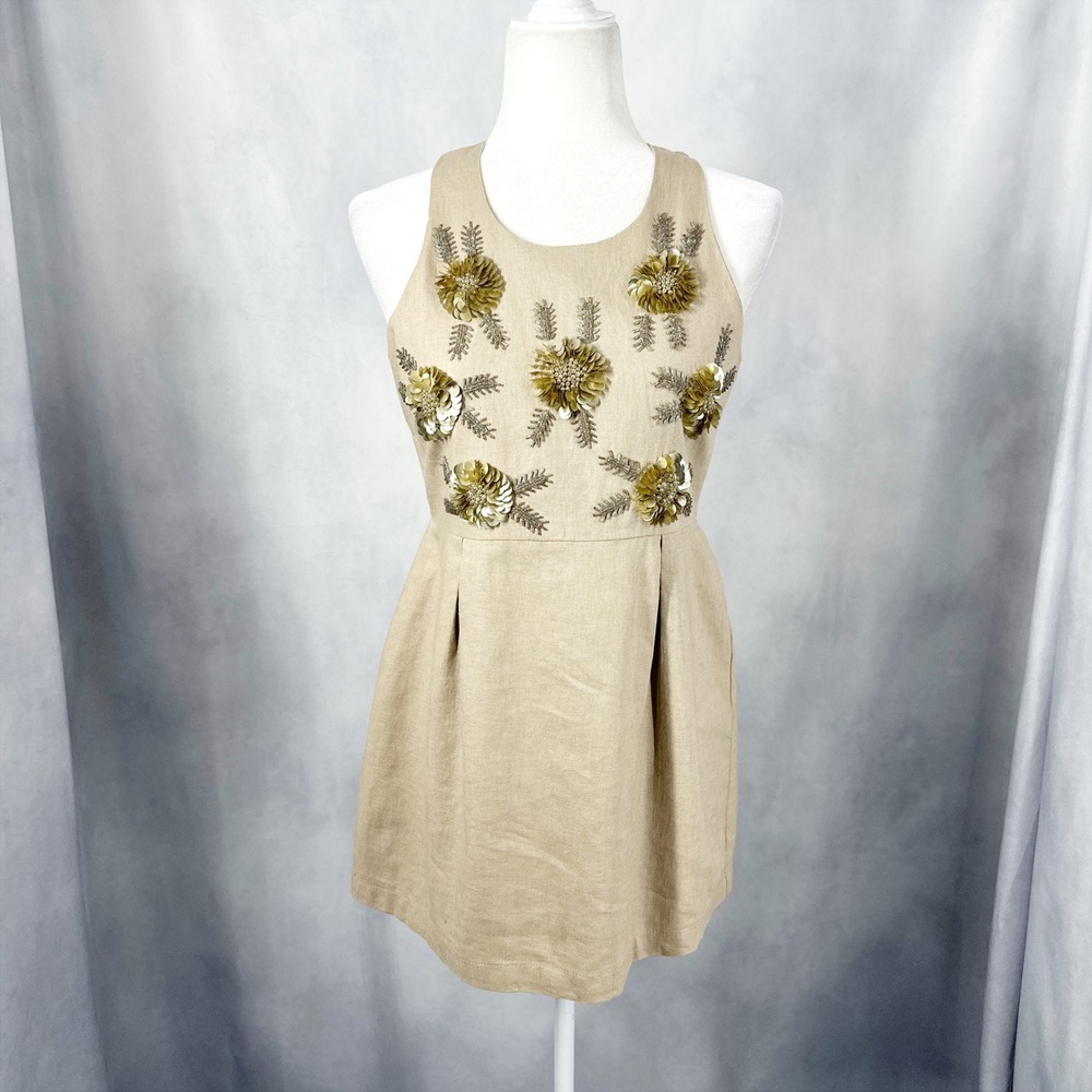 Twelve by Twelve Linen Cotton Sleeveless Tan Sequin 3D Flower Mni Dress Women XS